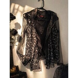 Sheer Black Floral Open Lace Blouse Dark Romantic Gothic Ethereal Vintage Top